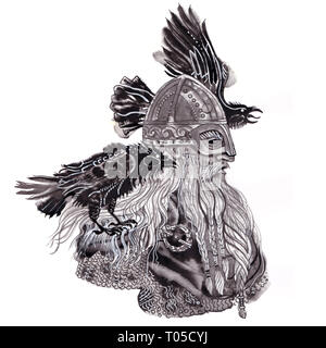 Portrait of Scandinavian god Odin in viking helmet with two ravens. Sketchy expressive artistic style hand drawn ink and brush illustration. Norse Stock Photo