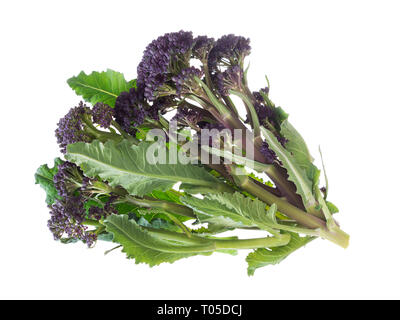 Handful of early purple sprouting broccoli spring vegetable, isolated on white. Overhead view. Stock Photo