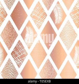 Copper foil collage rhombus shapes seamless vector pattern. Contemporary rose golden abstract background geometric textured shapes. Rhombus shapes Stock Vector