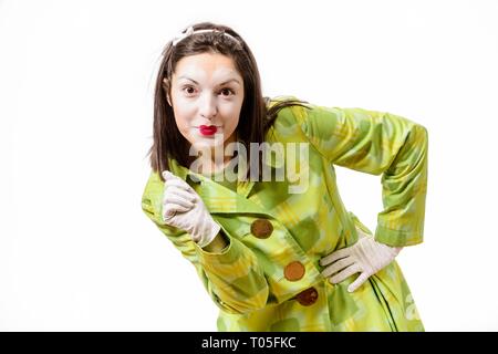 Funny mime performing and gesturing isolated on white background. Education concept. Stock Photo