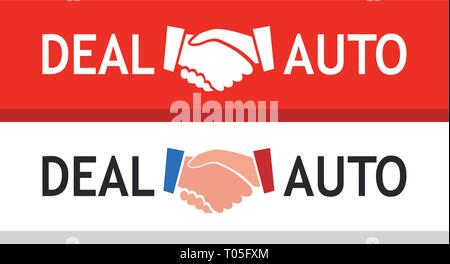 Handshake vector logotype for Dealership. Illustration isolated on red and white background Stock Vector