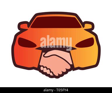 Colorful Print, element design for Logo of Dealership. Front view of Car with Handshakes Stock Vector
