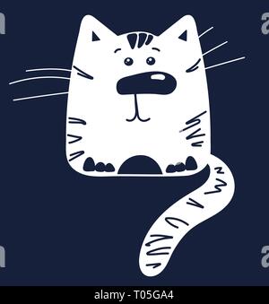 Poster in the nursery. Kitten with eyes closed. Vector cute animal. White cat with pink cheeks for print on clothes. Fantastic anime style kawaii Stock Vector
