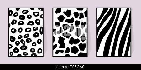 Vector texture of zebra, giraffe, leopard. Black and white illustration for poster. Monochrome poster with animal background for textile design set Stock Vector