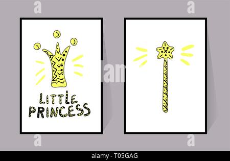 Crown, Little princess and magic wand. Two posters yellow color and black line. Vector decor set for girl. Hand draw inscription and ornament Stock Vector