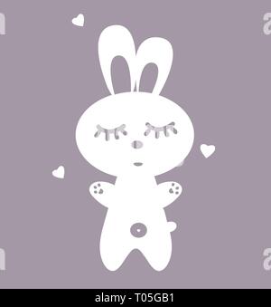 Poster in the nursery. White sleeping rabbit isolated on gray background. Illustration of a bunny silhouette. Vector animal hare print on clothing. A Stock Vector