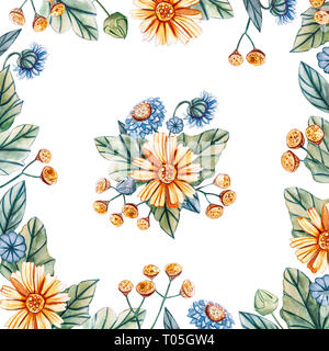 Floral square frame of watercolor wildflowers. There is a place for text. Flowers isolated on white background. Stock Photo