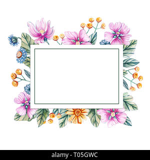 Floral square frame of watercolor wildflowers. There is a place for text. Flowers isolated on white background. Stock Photo