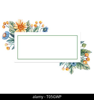 Floral square frame of watercolor wildflowers. There is a place for text. Flowers isolated on white background. Stock Photo