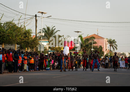 Bissau, Republic of Guinea-Bissau - February 12, 2018: Group of boys performing during the Carnival Celebrations in the city of Bisssau. Stock Photo