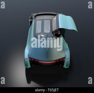 Rear view of self driving electric car with right door opened on black background. 3D rendering image. Stock Photo