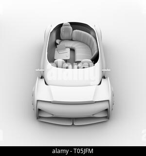 Cutaway clay rendering self driving electric car interior. Lounge chair and rear facing seats. 3D rendering image. Stock Photo