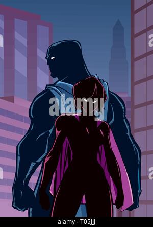 Superhero Couple in City Silhouette Stock Vector