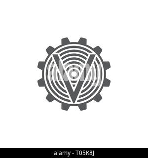 letter v stripes cog machine logo Stock Vector