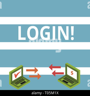 Text sign showing Login. Business photo text Act of entering into a computer database or system Starting session Exchange Arrow Icons Between Two Lapt Stock Photo