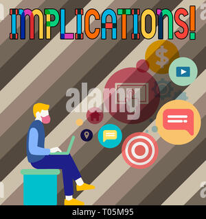 Conceptual hand writing showing Implications. Concept meaning Conclusion State of being involved Suggestion Insinuation Hint Man Sitting with Laptop a Stock Photo