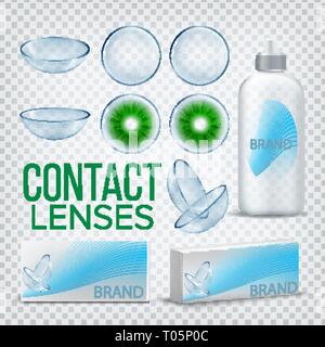 Contact Lenses Branding Design Mockup Vector. Myopia Care. Eye Lens. Medical Product. Soft Optical Glass. Healthy Vision. Package. Shop Sale Promotion Stock Vector