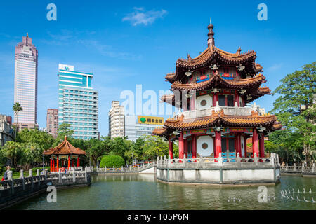 Taipei, Taiwan - March 2019: 228 Memorial Park city view with Chinese pagoda. 228 Memorial Park is located in the central area of Taipei Stock Photo