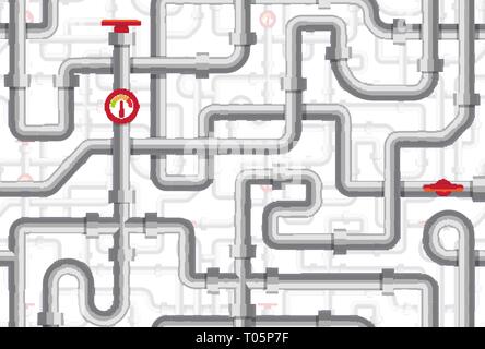 Pipes seamless pattern. Maze of pipelines. Boiler room texture. Plumbing vector illustration. Flat design seamless background. Stock Vector