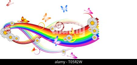 Rainbow with flowers and colorful butterflies on white background Stock Vector