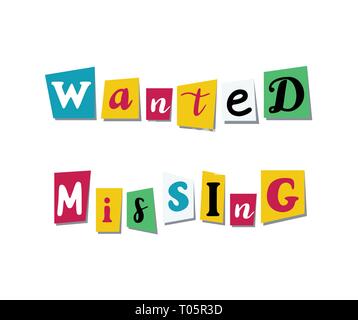 Wanted, missing text in cut out colorful letters Stock Vector