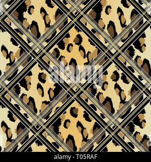 Seamless Faux Leopard Skin Pattern with black and brown spots. Vector illustration animal repeat surface pattern. Stock Vector