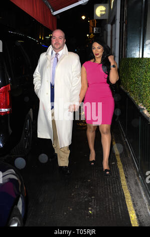 London, UK. 16th Mar, 2019. Jonathan Sothcott and Janine Nerissa seen enjoying a romantic dinner date at Bellamy's, greeted by owner Gavin Rankin. Credit: Terry Scott/SOPA Images/ZUMA Wire/Alamy Live News Stock Photo