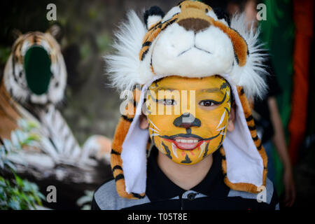(190317) -- KUALA LUMPUR, March 17, 2019 (Xinhua) -- A boy with a facial painting of tiger poses for photo during the Save Our Malayan Tiger campaign, as part of events to mark the International World Wildlife Day, in Kuala Lumpur, Malaysia, March 17, 2019. Malaysia's government announced the launching of a campaign on Sunday to provide greater protection for the country's tiger amid an alarming increase of poaching. The Malayan tiger, a subspecies of the big cat lives in Southern Thailand and Malaysia, had seen its numbers dwindle to an estimated 250 in the wild in Malaysia due to poaching a Stock Photo