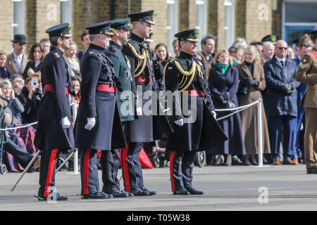 London, UK. 17th March 2019. London, UK. 17th March 2019. HRH Prince William, Duke of Cambridge, Colonel of the Irish Guards, and HRH Catherine, Duchess of Cambridge, attending the St Patrick's Day Parade at Cavalry Barracks in Hounslow, home of The 1st Battalion Irish Guards. Credit: Chris Aubrey/Alamy Live News Credit: Chris Aubrey/Alamy Live News Stock Photo