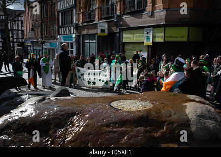Cheshire, UK. 17th March 2019.  The annual St Patrick’s Day Parade took place, starting at 10.30 in the morning from The Irish Club in Orford Lane to ‘The River of Life’ in Bridge Street in the Town Centre, where a short service was held to remember the 25th anniversary of the Warrington Bombing Credit: John Hopkins/Alamy Live News Stock Photo