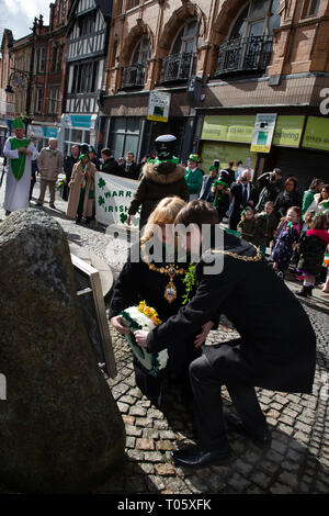 Cheshire, UK. 17th March 2019.  The annual St Patrick’s Day Parade took place, starting at 10.30 in the morning from The Irish Club in Orford Lane to ‘The River of Life’ in Bridge Street in the Town Centre, where a short service was held to remember the 25th anniversary of the Warrington Bombing Credit: John Hopkins/Alamy Live News Stock Photo