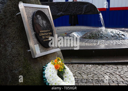 Cheshire, UK. 17th March 2019.  The annual St Patrick’s Day Parade took place, starting at 10.30 in the morning from The Irish Club in Orford Lane to ‘The River of Life’ in Bridge Street in the Town Centre, where a short service was held to remember the 25th anniversary of the Warrington Bombing Credit: John Hopkins/Alamy Live News Stock Photo