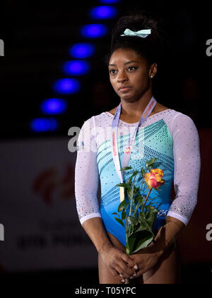 Stuttgart, Germany. 17th Mar, 2019. Gymnastics, World Cup: all-around, women in the Porsche Arena: Simone Biles from the USA at the award ceremony. Credit: Marijan Murat/dpa/Alamy Live News Stock Photo