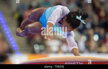 Stuttgart, Germany. 17th Mar, 2019. Gymnastics, World Cup: all-around, women in the Porsche Arena: Simone Biles from the USA is doing the jump. Credit: Marijan Murat/dpa/Alamy Live News Stock Photo