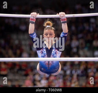 Stuttgart, Germany. 17th Mar, 2019. Gymnastics, World Cup: all-around, women in the Porsche Arena. Lorette Charpy from France is playing on uneven bars. Credit: Marijan Murat/dpa/Alamy Live News Stock Photo