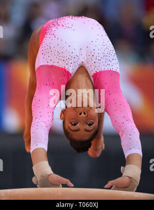 Stuttgart, Germany. 17th Mar, 2019. Gymnastics, World Cup: all-around, women in the Porsche Arena. Carolyne Pedro from Brazil is doing the jump. Credit: Marijan Murat/dpa/Alamy Live News Stock Photo