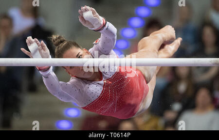 Stuttgart, Germany. 17th Mar, 2019. Gymnastics, World Cup: all-around, women in the Porsche Arena. Zsofia Kovacs from Hungary performs on uneven bars. Credit: Marijan Murat/dpa/Alamy Live News Stock Photo