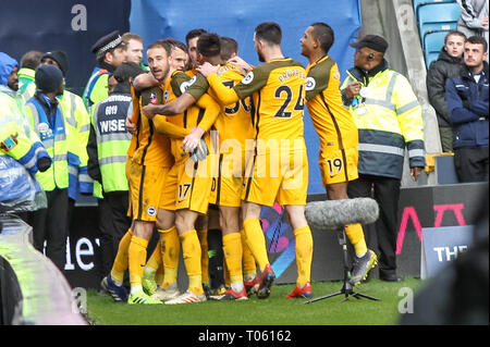 London, UK. 17th Mar, 2019. Millwall Goalkeeper David Martin makes a crucial error as Solly March of Brighton & Hove Albion scores the equaliser to make it 2-2 during the The FA Cup match between Millwall and Brighton and Hove Albion at The Den, London, England on 17 March 2019. Photo by Ken Sparks. Editorial use only, license required for commercial use. No use in betting, games or a single club/league/player publications. Credit: UK Sports Pics Ltd/Alamy Live News Stock Photo