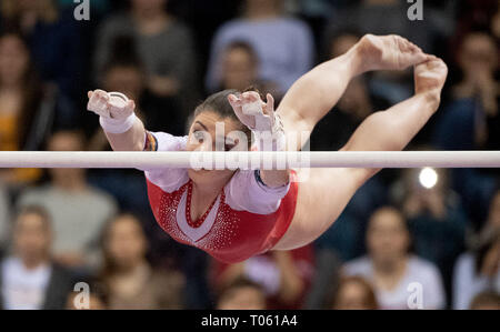 Stuttgart, Germany. 17th Mar, 2019. Gymnastics, World Cup: all-around, women in the Porsche Arena: Alina Mustafina from Russia gymnastics on uneven bars. Credit: Marijan Murat/dpa/Alamy Live News Stock Photo