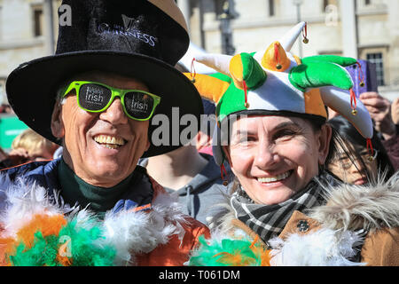 London celebrates with a spectacular St Patrick’s Day parade, led by this year’s Grand Marshal, actor James Nesbitt. Now in its 17th year, the parade attracts more than 50,000 people for a colourful procession of Irish marching bands from the UK, US and Ireland, energetic dance troupes and spectacular pageantry. Credit: Imageplotter/Alamy Live News Stock Photo