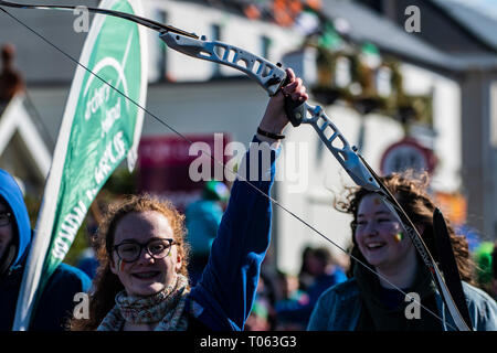 Greystones, Ireland. 17 March, 2019. Local people in Irish countryside, Dublin suburban, celebrating St. Patrick Day at their home town. Festival took place at the Main street of Greystones and made it’s way up to the st. Patrick church of Ireland,   Photo by Vitaliy Tuzov/Alamy Live News Stock Photo