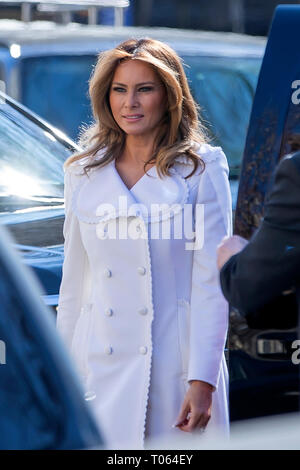 Washington DC, USA. 17th Mar, 2019. First Lady Melania Trump arrives to attend services at St. John's Episcopal Church in Washington DC, USA, 17 March 2019. The Trumps are attending church on St. Patrick's Day. Credit: Erik S. Lesser/Pool via CNP | usage worldwide Credit: dpa/Alamy Live News Stock Photo