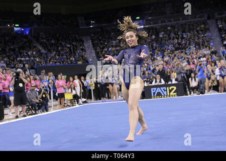 Los Angeles, USA. 16th Mar, 2019. UCLA gymnast Katelyn Ohashi completes her final floor exercise routine at home with a perfect 10 before an enthusiastic packed audience as her team coasts to victory over Utah State. Earlier this year, a video of Ohashi performing the floor exercise became a viral sensation across the internet. 16th Mar, 2019. Credit: Jeremy Breningstall/ZUMA Wire/Alamy Live News Credit: ZUMA Press, Inc./Alamy Live News Stock Photo