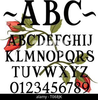 Hand drawn serif font. Simple handcrafted classic alphabet with red roses as decoration Stock Vector