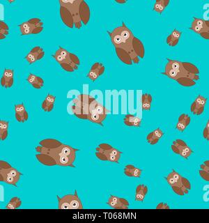 Seamless pattern made of owls. Vector illustration in cartoon style on a colored background. Stock Vector