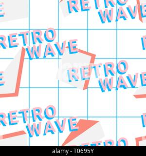 Vaporwave seamless 80's style pattern with geometric shapes. Colorful background with shapes, gradients and text. Stock Vector