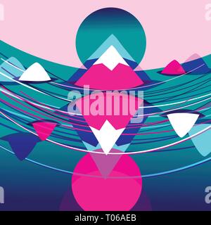 Bright trendy background with pink mountains and waves and the sea Stock Vector