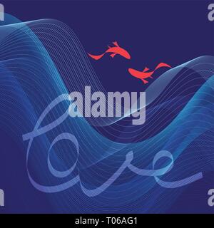 Bright with love background with waves and fishes on blue background Stock Vector