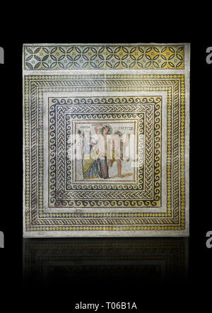 Roman mosaics - Dionysus Mosaic. Poseidon Villa Ancient Zeugama, 3rd century AD . Zeugma Mosaic Museum, Gaziantep, Turkey.   Against a black backgroun Stock Photo