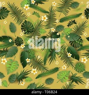 Seamless Pattern Exotic Floral Background. Tropical Flowers and Leaves Backdrop. Greenery print Seamless Design Stock Vector